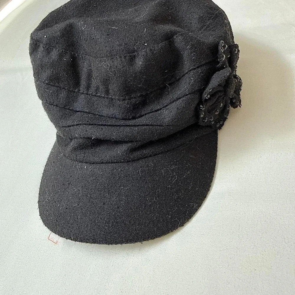 Black Flower Cadet Hat  Y2K Collection Eighteen  black wool blend cadet cap